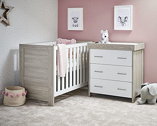 Nika Mini 2 Piece Room Set – Grey Wash & White – Mini Cot Bed & Changer Unit for Compact Nurseries