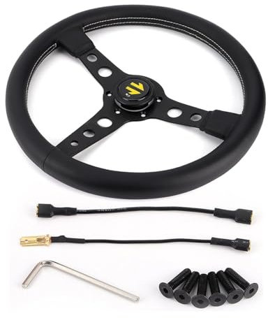 Ruspela Lenkrad 350Mm für Momo- Prototipo- Stil 6- Bolzen- Schwarz- Leder- Rennsteuerrad- Graue Nähte mit Horn- Taste