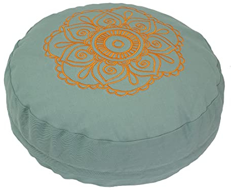 Ruth White Yoga Products Buckwheat Round Meditation Zafu Cushion with Embroidered Flower Pattern (Standard, Pale Green)