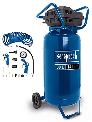 Scheppach WELTNEUHEIT Kompressor stehend HC85V - 14bar | 80L Kessel | ölfrei & wartungsarm | Ansaugleistung 330 l/min | 2x Manometer & 2x Kupplung | Fahrvorrichtung | mit 13 tlg. Zubehörset & Schlauch