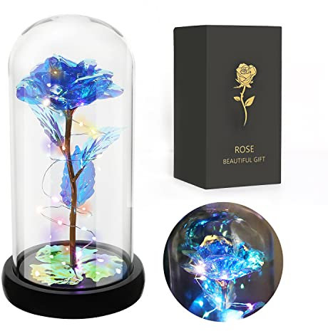JUSTOYOU Rose Gifts for Women,Mothers,Wife Gifts,Colorful Artificial Rose Flower Gift for Women,Forever in Glass Dome,Rainbow Rose Flower for Birthday,Christmas Mothers Day Decorations(Blue)