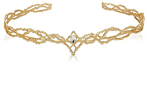 KIPETTO Elf Crown with Rhinestone Crystal Gold Tiara Headband for Wedding Birthday Cosplay Party Halloween Costume Accessories