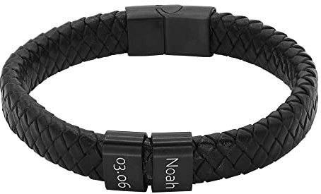 Heideman Armband Herren Titus Leder Edelstahl Gravur | Titus Herren-Lederarmband schwarz, schwarze Gravurplatten, Edelstahl, personalisierbar, Magnetverschluss, Geschenk für Männer
