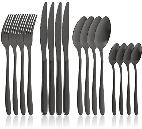 com-four® 16-teiliges Besteck-Set für 4 Personen - Essbesteck aus rostfreiem Stahl - dunkles Tafelbesteck mit Messer, Gabel, Löffel, Teelöffel - Menübesteck matt - Service Besteck (Set09-16-teilig)
