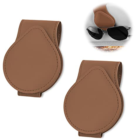 Lonimia Brillenhalter für Auto,Leder Brillenhalter für Auto,2 Pack Brillenhalter für Auto Sonnenblende,Leder Brillenhalter für Auto,Ticket Karten Clip Brillen Halterung Geschenke für Freunde (Braun)