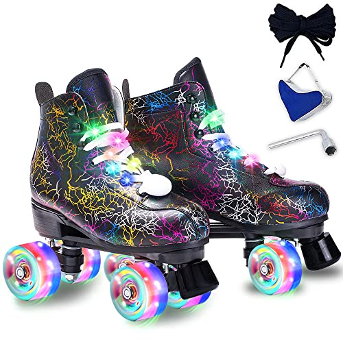 Roller Skates Women Men - Microfiber Leather Roller Skate Classic High Top Double Row Roller Skates for Indoor Outdoor with Light up Shoe Laces (Flash Wheel, 43-US Men 9= Women 10)