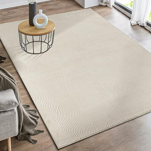 the carpet Rio - Moderner Kurzflor Teppich, weicher und pflegeleichter Anti-Rutsch-Teppich mit 3D-Optik, robust, für Wohnzimmer und Schlafzimmer, Creme, 140 x 200 cm