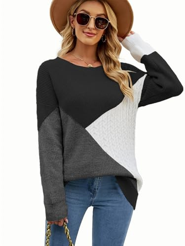 Rayson Maglione Donna Girocollo Blocco del Colore Pullover Elegante Felpa Casual Maglione Manica Lunga Pullover Autunnale Invernali Lavorato a Maglia Moda Tops(Nero,M)