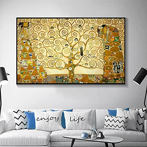 XIANGPEIFBH Famoso Quadro Arte Gustav Klimt Albero della Vita Dipinto su Tela Poster e Stampe Quadro su Tela per Soggiorno 50x70cm (20x28in) con Cornice Dorata