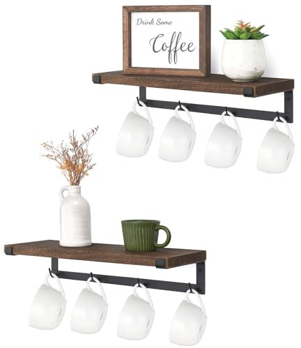 Dahey Lot de 2 porte-tasses muraux avec crochets - Étagère flottante rustique - Accessoires de bar à café en bois pour organiser les ustensiles de cuisine - Décoration de cuisine - Marron