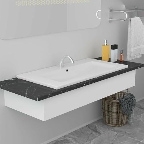 Gecheer Einbauwaschbecken, 81x39,5x18,5 cm Keramik Waschtisch mit Überlauf und glasierter Oberfläche, Weiß, für Badezimmer, Gäste-WC oder Waschraum
