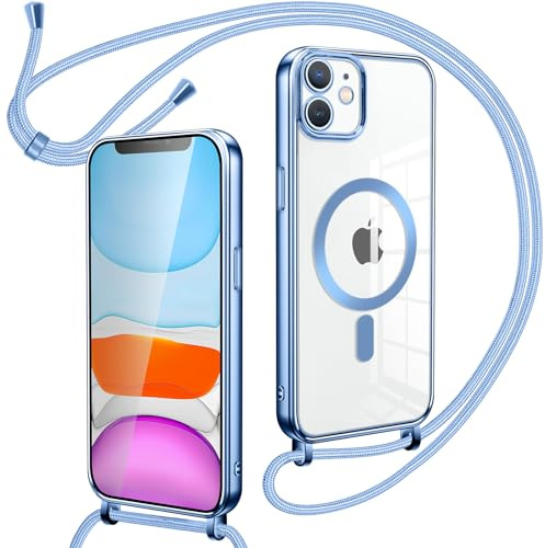 Oelrstfe Collier Coque avec Cordon pour iPhone 11, Transparent Réglable Étui Chain Chaine Housse de Souple Silicone Antichoc Etui Bandouliere Laniere pour iPhone 11 - Bleu