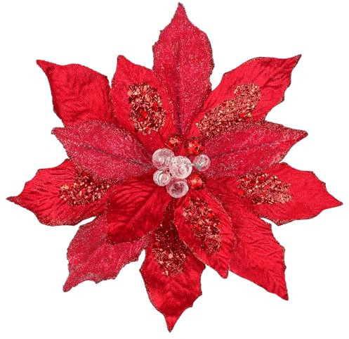 Hollyone 4 Stück Künstliche Weihnachtsblumen Rot Glitzer Weihnachtsbaum Dekoration Weihnachtssterne 23cm Große Kunstblumen für Weihnachten Neujahr Hochzeit Partys Feiertagsdekoration