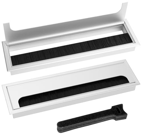 2 Pcs Desk Table Grommets, Aluminum Alloy Rectangle Cord Cable Wire Hole Covers Organizer, Cable Tidies Port Hole Covers with Brushes for Home Office Table (Silvery, 280x80mm)
