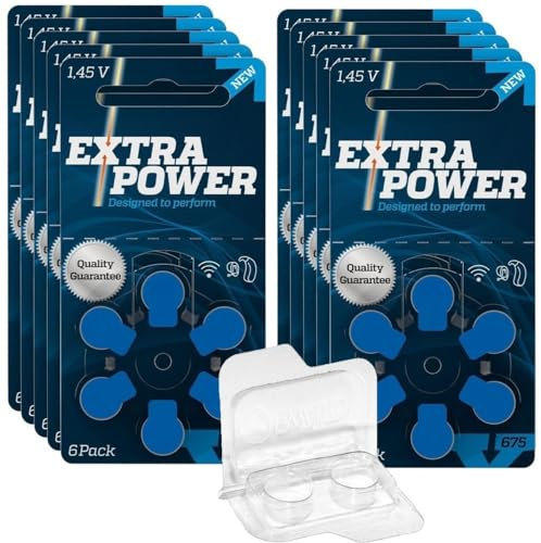 Extra Power 24600 Lot de 60 piles pour appareils auditifs PR44 Bleu Taille 675 + Boîte de rangement pour 2 piles auditives