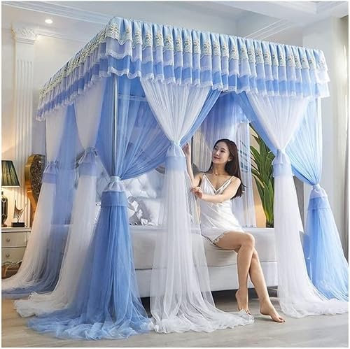 GLMGBP 4 Ecken Pfosten-Himmelbett-Vorhang, Prinzessin, bestickte Spitze, Rüschen, Betthimmel, Betthimmel-Vorhang für Mädchen und Erwachsene, Doppellagiges, durchsichtiges Mesh-Moskitonetz