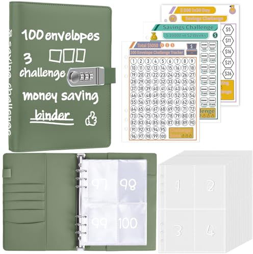 Antner 100 Envelopes Money Saving Challenge with Lock, A5 Money Saving Binder, Savings Challenges Book with Envelopes & Tracker to Save $5,050 - Password Lock to Protect Cash Security, Olive Green