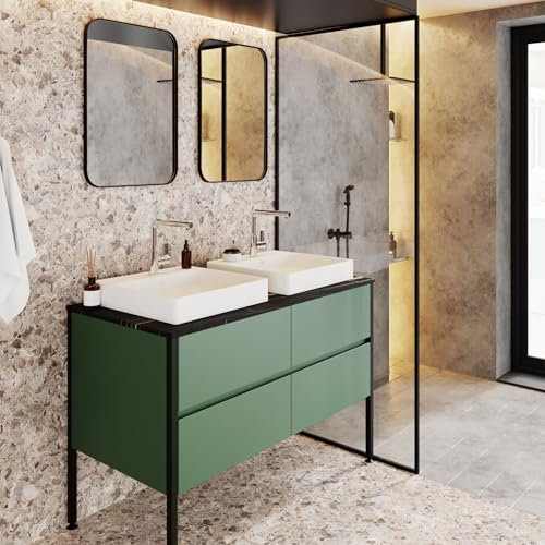 KAREN banyo Badmöbel Set 5 teilig Yesim Grün | Zwei Waschbecken | Spiegel | Unterschrank | Softclose-Schubladen & unsichtbare Griffe | Eleganter Stil| Konsole in schwarzer Marmoroptik