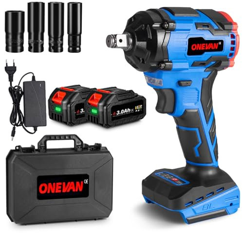 ONEVAN Akku Schlagschrauber mit 4 Schlagstecknüsse, 400/450Nm Bürstenloser Motor 1/2 Zoll Akkuschlagschrauber Elektrisch Drehschlagschrauber Reifenwechsel（2 x 3.0Ah Akkus）