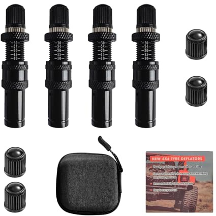 4-teiliges verstellbares Auto-Stop-Reifenablassventil-Set, Reifenluft-Down-Werkzeug für LKW, 10-30 PSI / 2,1 bar - 0,7 bar, verstellbar, mit 4 Ventilkappen und 1 Aufbewahrungsbox für LKW, Fahrzeuge,