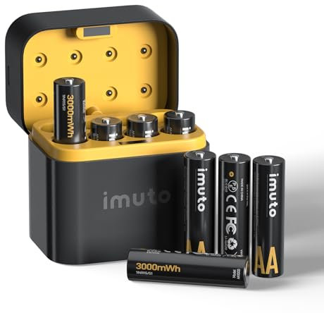 imuto 1.5V Batterie AA ricaricabili 3000mWh, Pile Ricaricabili AA Litio 1600 Cicli con display a LED nero ricarica rapida, 8 pezzi