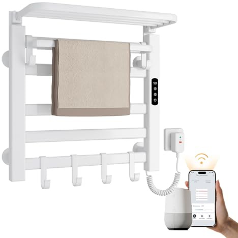 EMKE Elektrischer Badheizkörper 50x50 cm, 140W Handtuchwärmer mit WLAN-App-Steuerung, Kohlefaser Badheizkörper Elektrisch mit Handtuchheizkörper klappbarer Ablage & 6 Haken, IPX5, Weiß