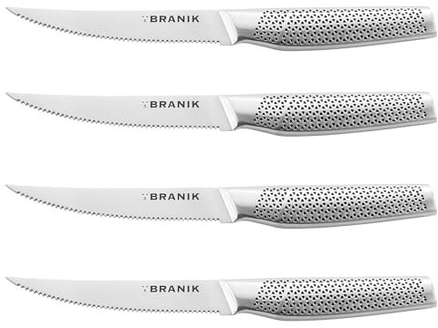 BRANIK Titanium Series Steak Knife Set of 4 – Premium Steel Serrated Steak Knives, 5-Inch Blades, Non-Slip Ergonomic Handles, Dishwasher Safe – Ideal for Dining, BBQs, Dinner Parties & Gifts – Silver