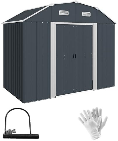 Outsunny Gerätehaus aus Stahl, 2,7 m² Geräteschuppen mit Regal, Schloss, UV-Schutz, Gartenschuppen mit 2 Schiebetüren Fundament, 238 x 132 x 198,5 cm, Dunkelgrau