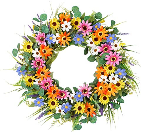 Dremisland Summer Wreaths for Front Door 22 Spring Door Wreath Artificial Eucalyptus Colorful Daisy Flower Fake Wildflower Lavender Wreath for Indoor Outdoor Farmhouse Window Wall Decor