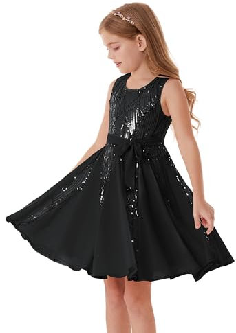 GRACE KARIN Mädchen Glitzerndes Paillettenkleid Ärmellos Knielang Partykleid Chiffonkleid Schwarz 8-10 Jahre