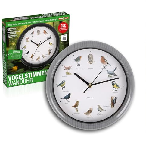 TELE WELT Wanduhr mit Vogelstimmen, Silber [12 Vogelstimmen] modern - Wohnzimmer Uhr - Analog - Küchenuhr - Silberne Wanduhr (Silber)
