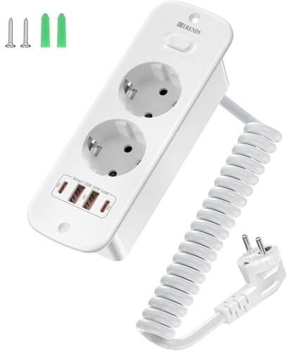 Prise intégrée avec 4 USB, multiprise d'installation à 2 voies avec interrupteur, prise intégrée avec 2 USB A+2 USB C (PD 20 W), multiprise avec câble spiralé de 2 m pour meubles de plan de travail