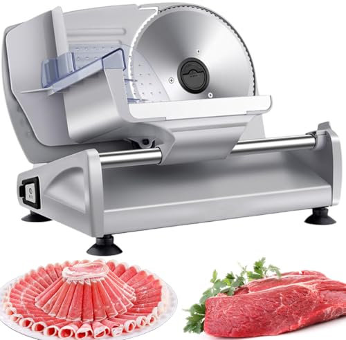 Trancheuse à viande électrique, 200 W, avec épaisseur réglable de 1 à 15 mm et lame dentelée en acier inoxydable de 19 cm, trancheuse à pain avec interrupteur de sécurité, pour fromage, charcuterie,