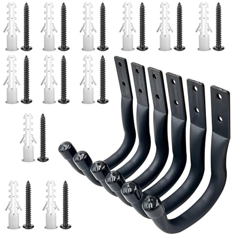 Eastrise Heavy Duty Wall Hooks - 6 PCS Garage Storage Hooks for Ladder, Bike, Garden Tools | 50LB Capacity, Anti-Rust Steel with Mounting Kit (Screws/Anchors) (6 Pcs/Black Hat)