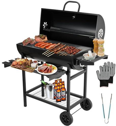 TEENO - Rejilla para barbacoa, carbón de madera con rejilla de cocción XXL de gran tamaño, guantes antigrietas, termómetro, cajón de ceniza, ventilación regulable (Basic)
