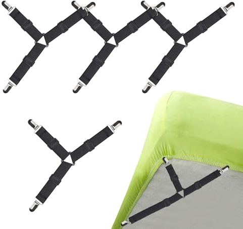 Belvanr 4 Stück Bettlakenspanner, Dreieckige Bettlaken Spanner, Lakenspanner mit Metallclips, Verstellbare Bettlaken Spanngurte, für Bettwäsche Bettlaken Matratze Bügelbrett oder Sofa (Schwarz)