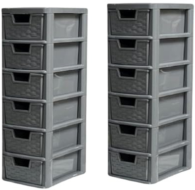 Khanary Plastic Storage Drawer Unit| 2x Small Mini 6 Tier| Grey Rattan Effect Desktop Organizer Tabletop Cabinet Plastic Trolley for Home Kitchen Bath Garage School| 26D x 19W x 60H cm| Grey Rattan