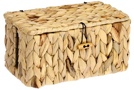 BSTKEY Panier de rangement en jacinthe d'eau avec couvercle, boîte de rangement tissée à la main, panier de rangement décoratif pour câbles de données, support de prise avec 2 fentes latérales