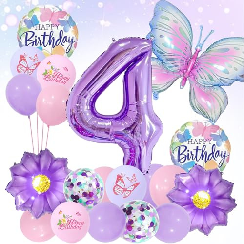 LUMOOM Mariposa decorativa cumpleaños niña 4 años globos decoración de cumpleaños globos mariposas globos de papel de aluminio globos de números lila fiesta cumpleaños infantil decoración para niños