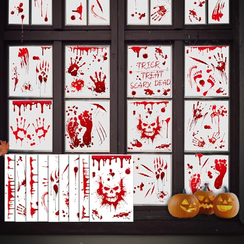Fensterbilder Halloween Selbstklebend, 9 Blätter Horror Fensteraufkleber | Wiederverwendbar Skelette Handabdrücke Fußabdrücke Schädel, Fensterfolie Halloween Dekorationen