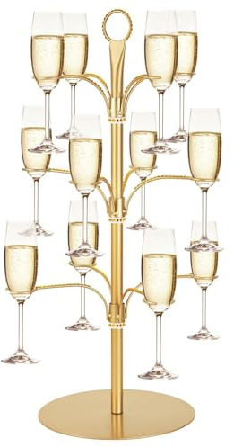 Loxiia Cocktail Tree Stand for Party, 3 Tier 12 Holders Champagne Tower Wine Glasses Holder for Cocktails, Champagne, Wine, Ideal for Storing and Displaying Wine Glasses (Gold)