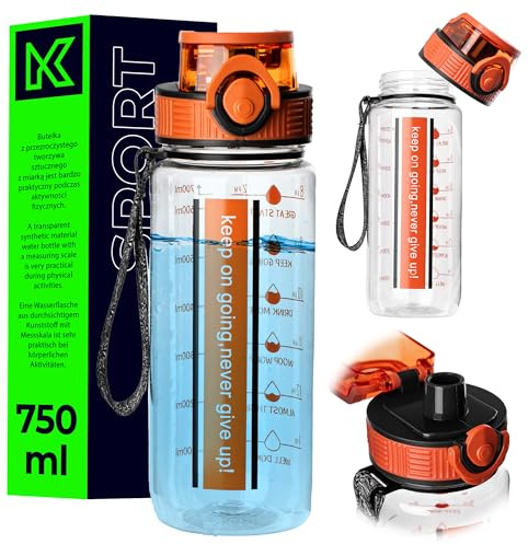 KADAX Trinkflasche 750ml, auslaufsichere Wasserflasche aus BPA-freiem Tritan, wiederverwendbare Sportflasche mit Klappdeckel, Tragegriff und Zeitmarkierung (Orange)