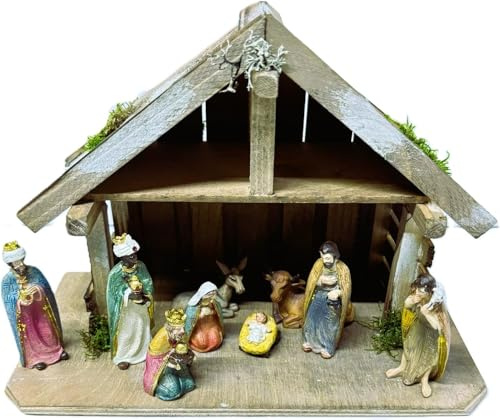 FADEDA Belén con figuras: belén de polirresina con 9 figuras pintadas a mano (belén de Navidad con, pintado a mano, árbol de Navidad)