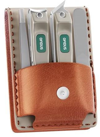 OFIDUS Set di tagliaunghie professionale in acciaio inossidabile per manicure con raccoglitore, tagliaunghie curvo e obliquo, pinzetta e lima per unghie in lussuosa custodia in pelle