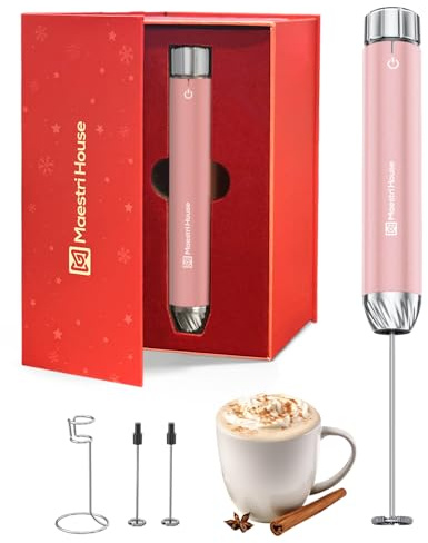 Maestri House LunaFro Max Rechargeable Milk Frother with Stepless Speed Control, Handheld Electric Foam Maker with Stand and Detachable Whisks for Lattes, Ideal Christmas Gift, Dusty Rose