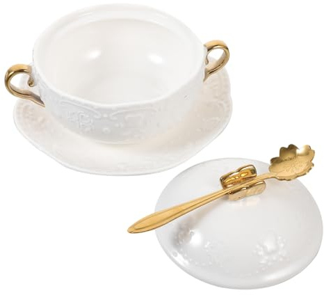 Alipis Bol Européen Porcelaine à Double Anse avec Relief Bol Petit-déjeuner avec Couvercle et Cuillère Tasse pour Céréales Soupe et Desserts