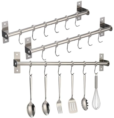 Calolin 3 Pcs Kitchen Utensil Rack with 6 Hooks, 40 cm / 15.7 inch Stainless Steel Wall Mounted Hanger, Heavy Duty 66 lbs Capacity Kitchen Hanging Rail, No Drilling or Drilling Mount Options