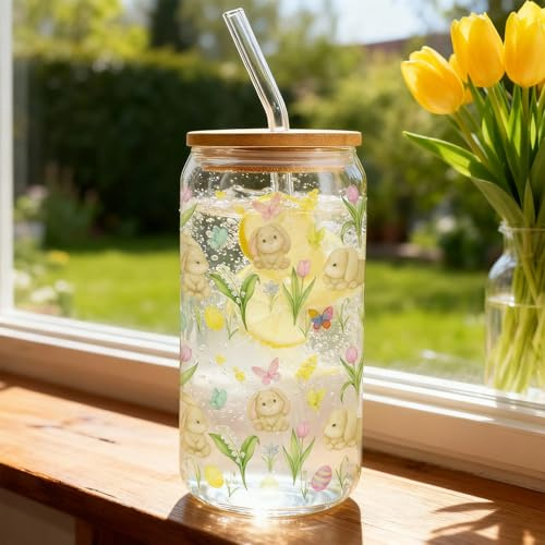 Taza de Pascua de 500 ml de cristal con tapa y pajita, taza de Pascua con conejos y tulipanes, vaso para beber café helado y matcha, dulces regalos de Pascua para mujeres y niñas