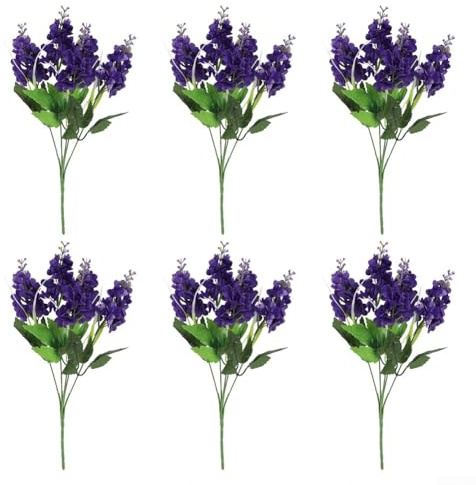 Juego de 6 flores artificiales decorativas de lavanda y jacinto para el hogar y el jardín, tela de seda con aspecto natural (morado oscuro)