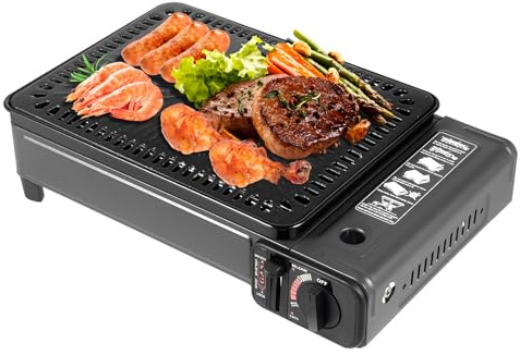 Barbacoa de gas portátil, llama de alto rendimiento y ajustable, barbacoa portátil para exteriores para camping y terraza, ligera y compacta con válvula de seguridad, incluye maletín y accesorios